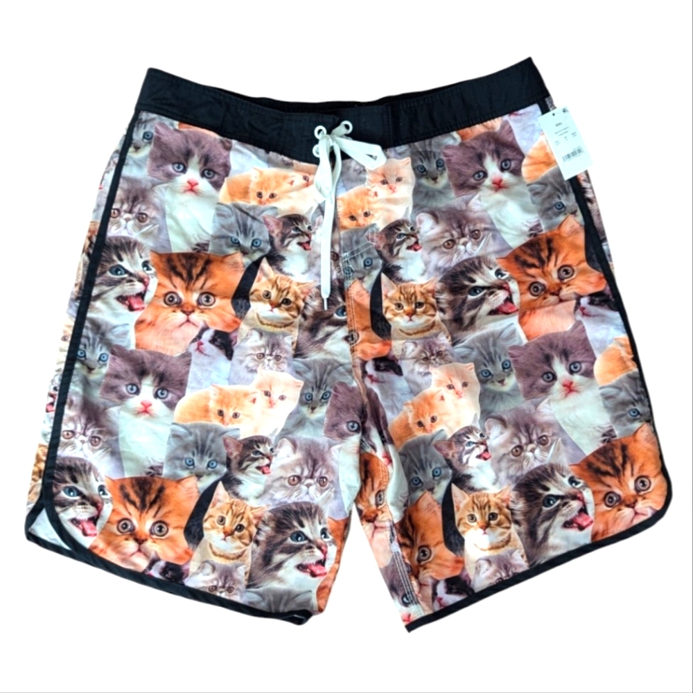Bioworld Swim Board shorts Cat/Kitten print mesh lining side/back pockets XXL